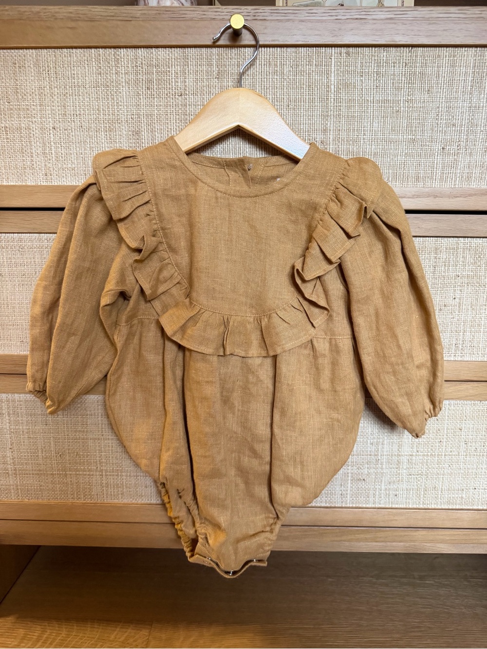 Girls' Ruffle Front One-Piece Romper in Tan